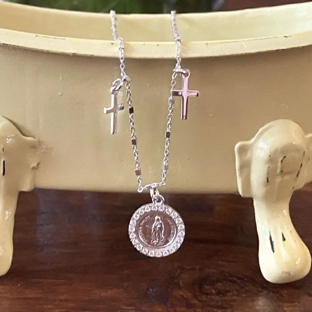 M Jewelers Three Medal Sterling Silver Our Lady of Guadelupe Necklace New in Box